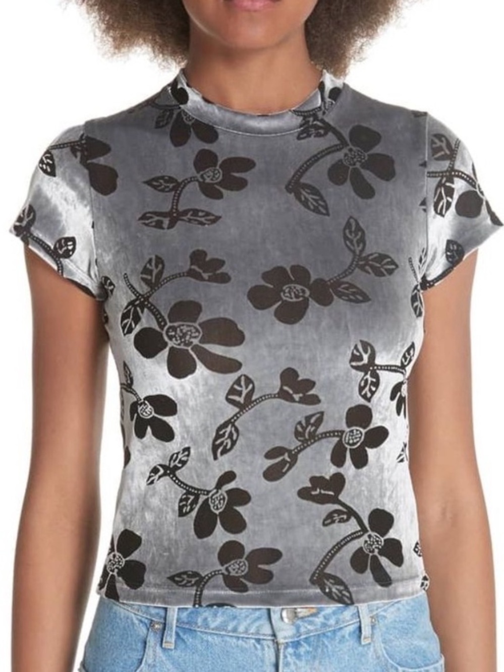 Eckhaus Latta Silver Velvet Tee with Black Floral Flocking